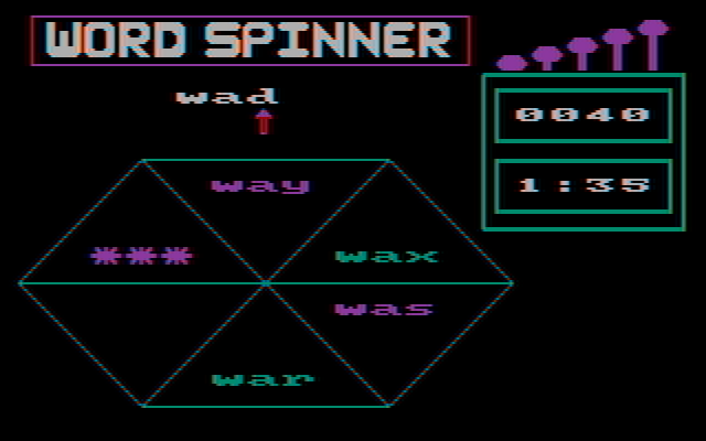 Word Spinner IBM PC/Compatibles Screenshot: Spin the letters around to make some words.