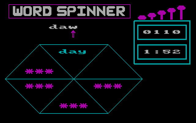 Word Spinner IBM PC/Compatibles Screenshot: I need to form two words to complete this puzzle...