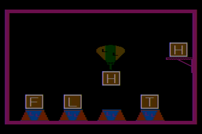 Learning with Leeper Atari 8-bit Screenshot: Picking up the correct letter...