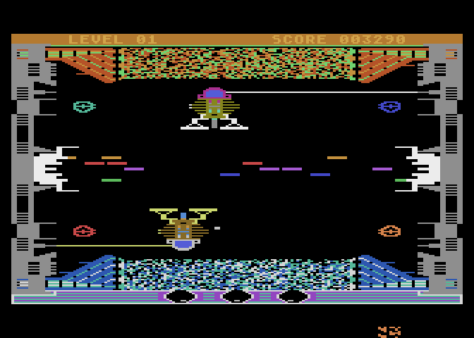 WallWar Atari 8-bit Screenshot: The barrier between players is slowly destroyed...