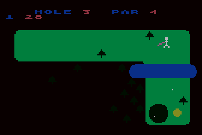 Golf Challenge Atari 8-bit Screenshot: My shot safely made it across the water!