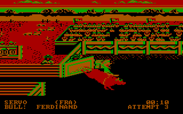 World Games IBM PC/Compatibles Screenshot: The bull tries to throw me off!