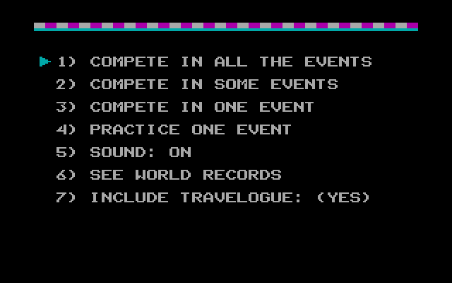 World Games IBM PC/Compatibles Screenshot: The main menu.