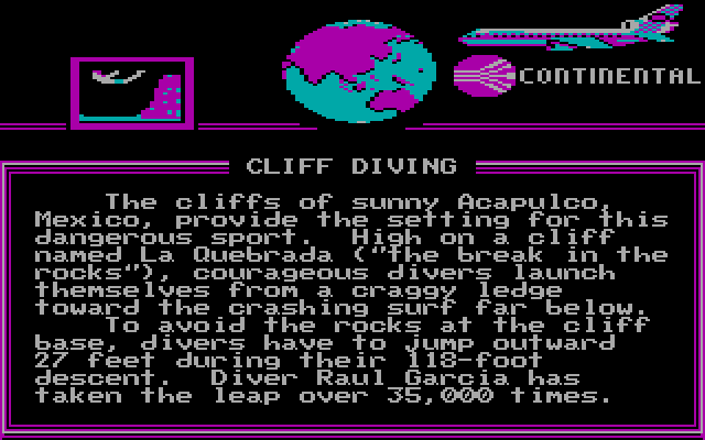 World Games IBM PC/Compatibles Screenshot: Next event is cliff diving.