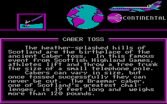 World Games IBM PC/Compatibles Screenshot: Caber toss is next, here's some information about it.