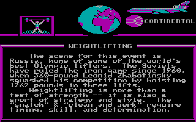 World Games IBM PC/Compatibles Screenshot: Introduction to weightlifting.