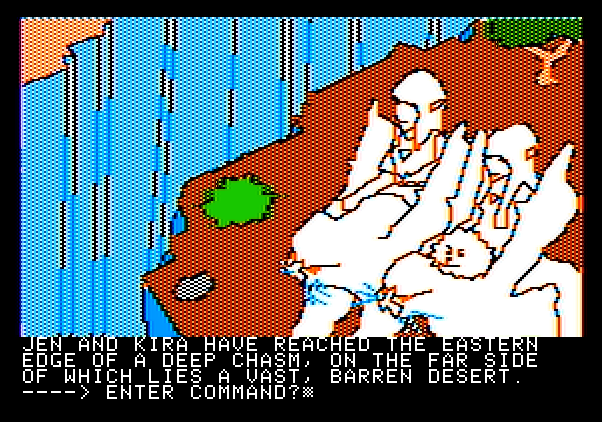 Hi-Res Adventure #6: The Dark Crystal Apple II Screenshot: Can I make it across this chasm?