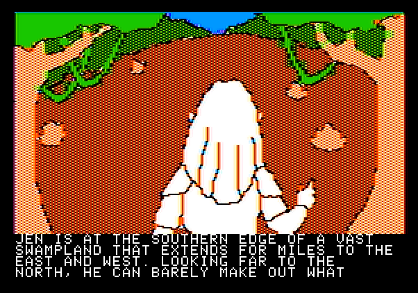 Hi-Res Adventure #6: The Dark Crystal Apple II Screenshot: How can I safely get past the swamp?