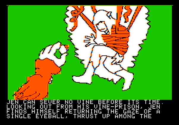 Hi-Res Adventure #6: The Dark Crystal Apple II Screenshot: Trapped in a vine! But who's this and can they help?