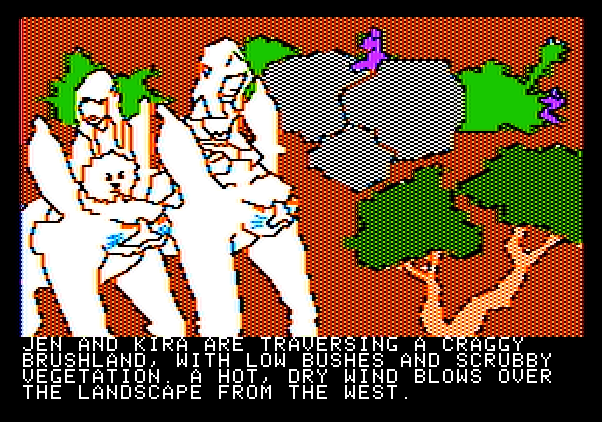 Hi-Res Adventure #6: The Dark Crystal Apple II Screenshot: Traversing a craggy brushland.