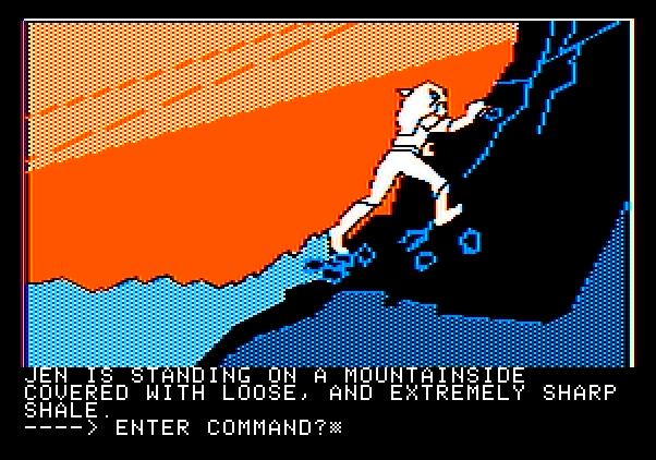 Hi-Res Adventure #6: The Dark Crystal Apple II Screenshot: Climbing up the mountainside...