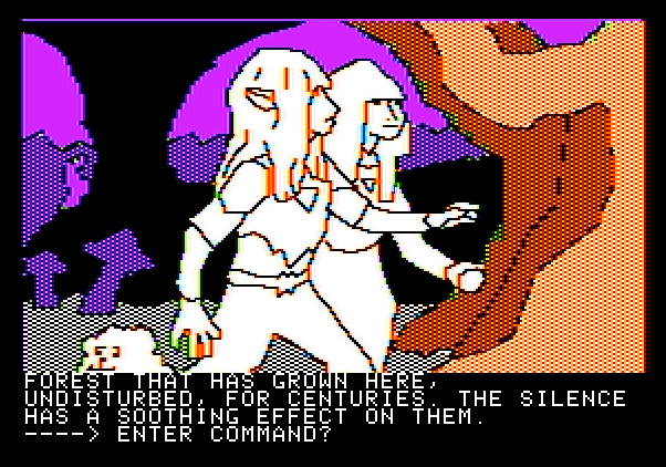 Hi-Res Adventure #6: The Dark Crystal Apple II Screenshot: In a silent forest...