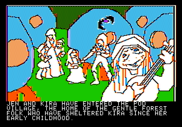 Hi-Res Adventure #6: The Dark Crystal Apple II Screenshot: The pod village; these people seem friendly!