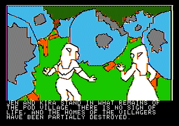 Hi-Res Adventure #6: The Dark Crystal Apple II Screenshot: We have trouble! The pod village is destroyed...