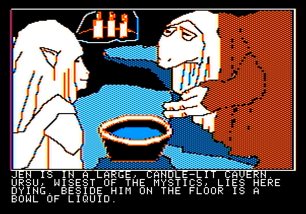 Hi-Res Adventure #6: The Dark Crystal Apple II Screenshot: Talking with Ursu in a cavern.