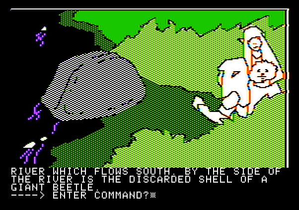 Hi-Res Adventure #6: The Dark Crystal Apple II Screenshot: Arrived at a river...