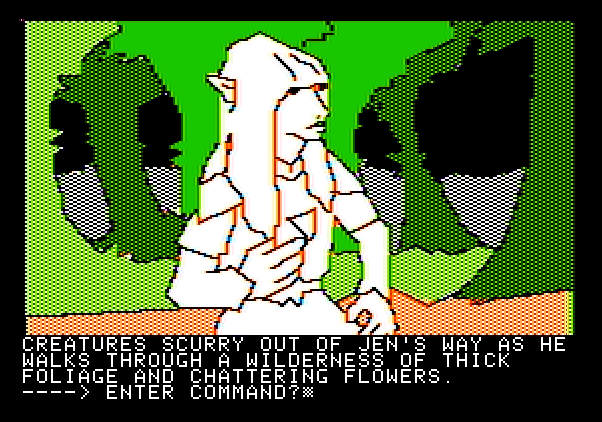 Hi-Res Adventure #6: The Dark Crystal Apple II Screenshot: Exploring the forest.