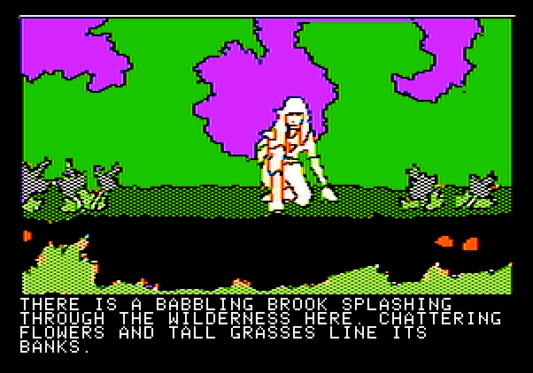 Hi-Res Adventure #6: The Dark Crystal Apple II Screenshot: A babbling brook.