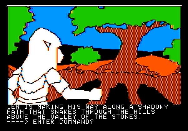 Hi-Res Adventure #6: The Dark Crystal Apple II Screenshot: Walking along a shadowy path...