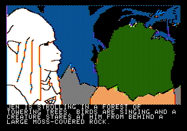 Hi-Res Adventure #6: The Dark Crystal Apple II Screenshot: A moss covered rock is here; is the moss covering anything important?