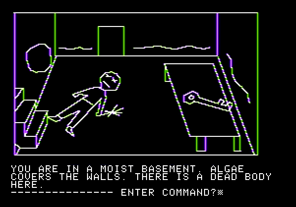 Hi-Res Adventure #1: Mystery House Apple II Screenshot: Another body, and a key!