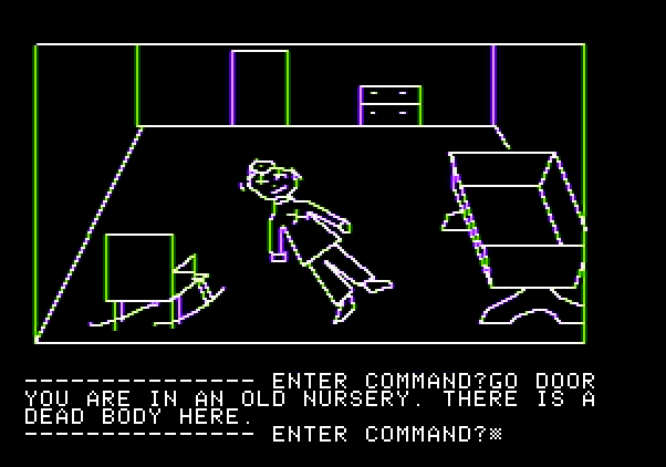 Hi-Res Adventure #1: Mystery House Apple II Screenshot: Someone else is dead! This is getting serious...