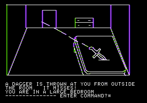 Hi-Res Adventure #1: Mystery House Apple II Screenshot: Someone is trying to kill me!