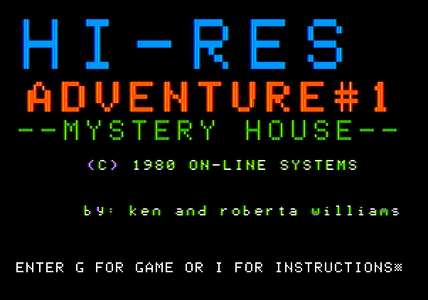 Hi-Res Adventure #1: Mystery House Apple II Screenshot: Title screen.
