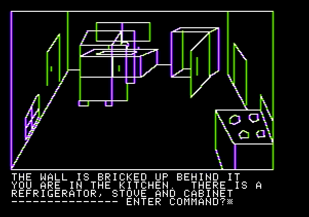 Hi-Res Adventure #1: Mystery House Apple II Screenshot: Moving stuff around, and I found something!
