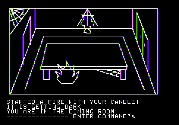 Hi-Res Adventure #1: Mystery House Apple II Screenshot: Oh no, I started a fire!