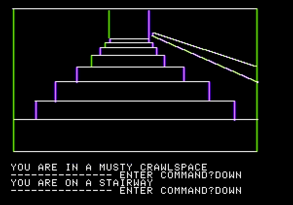 Hi-Res Adventure #1: Mystery House Apple II Screenshot: From a musty crawlspace to a staircase...