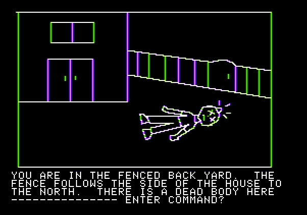Hi-Res Adventure #1: Mystery House Apple II Screenshot: I found a dead body...