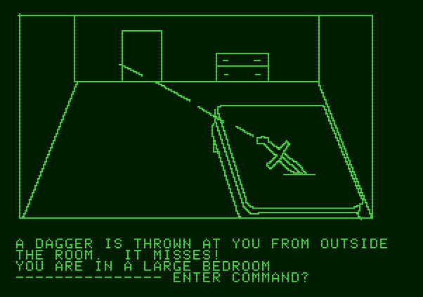 Hi-Res Adventure #1: Mystery House Apple II Screenshot: Someone is trying to kill me!