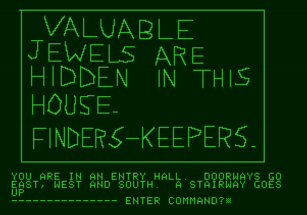 Hi-Res Adventure #1: Mystery House Apple II Screenshot: Reading a note...can you find the jewels?