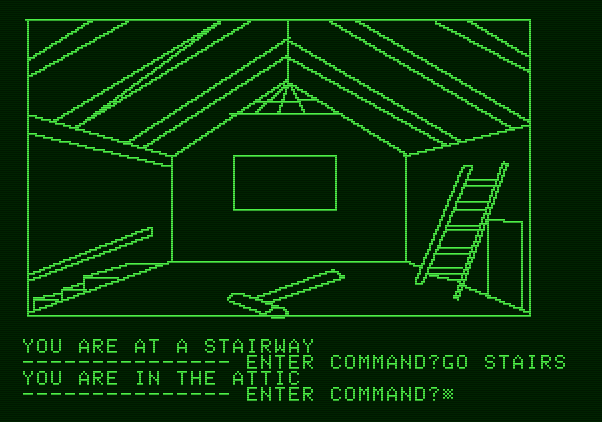 Hi-Res Adventure #1: Mystery House Apple II Screenshot: Searching the attic.