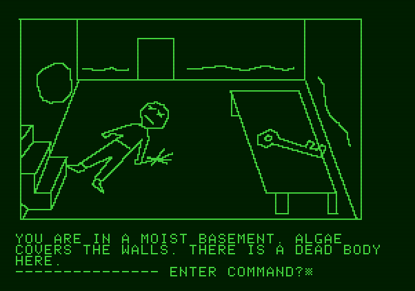 Hi-Res Adventure #1: Mystery House Apple II Screenshot: Another dead body, and a key!