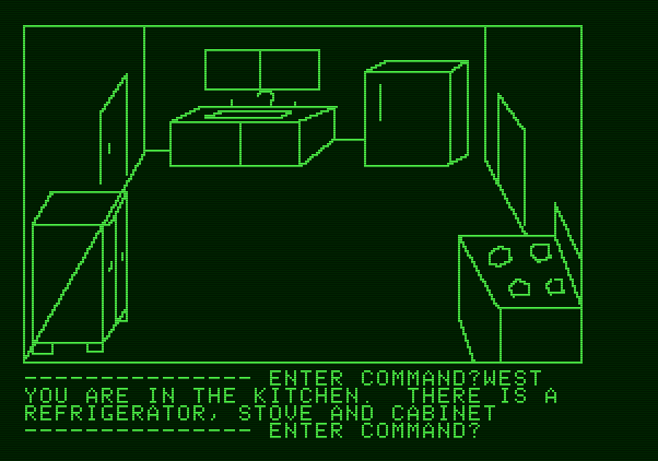 Hi-Res Adventure #1: Mystery House Apple II Screenshot: Exploring the kitchen.