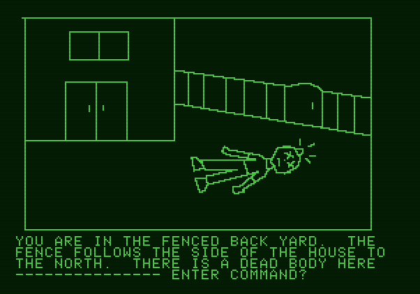 Hi-Res Adventure #1: Mystery House Apple II Screenshot: Uh oh, a dead body! That can't be good...