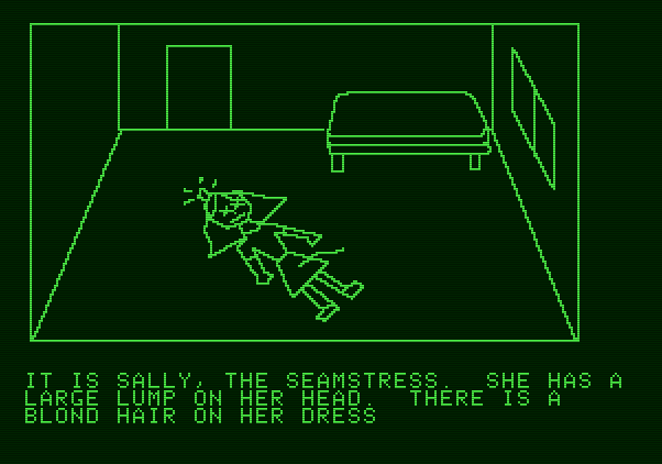 Hi-Res Adventure #1: Mystery House Apple II Screenshot: Sally, the seamstress is dead too...