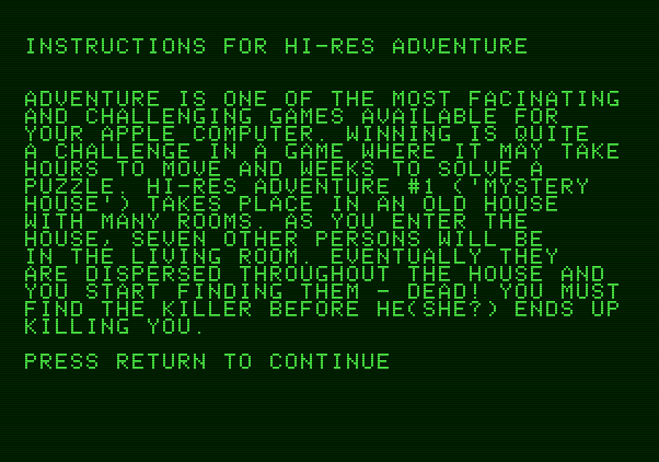 Hi-Res Adventure #1: Mystery House Apple II Screenshot: Game instructions.