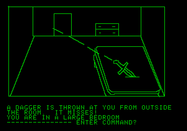 Hi-Res Adventure #1: Mystery House Apple II Screenshot: Someone is trying to kill me!