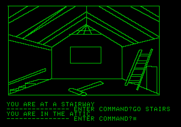 Hi-Res Adventure #1: Mystery House Apple II Screenshot: Searching the attic.