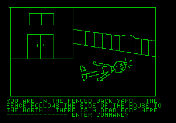 Hi-Res Adventure #1: Mystery House Apple II Screenshot: Uh oh, a dead body! That can't be good...