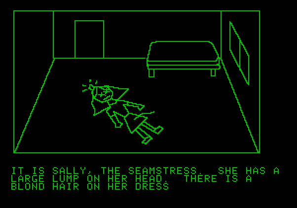 Hi-Res Adventure #1: Mystery House Apple II Screenshot: Sally, the seamstress is dead too...