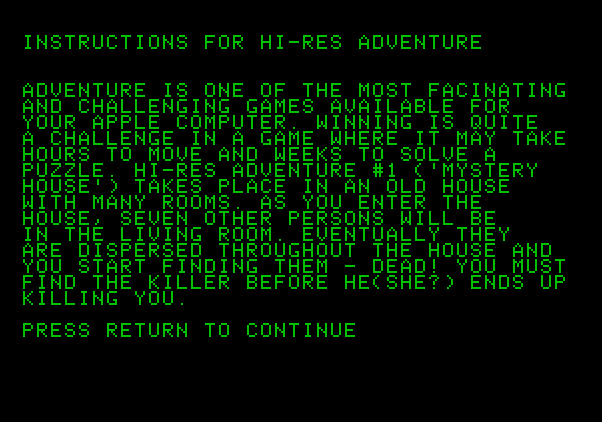 Hi-Res Adventure #1: Mystery House Apple II Screenshot: Game instructions.