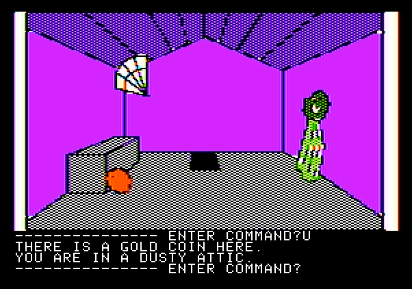 Hi-Res Adventure #3: Cranston Manor Apple II Screenshot: Exploring the attic.