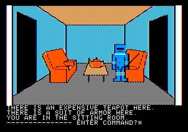 Hi-Res Adventure #3: Cranston Manor Apple II Screenshot: A teapot! Will that suit of armor let me take it?