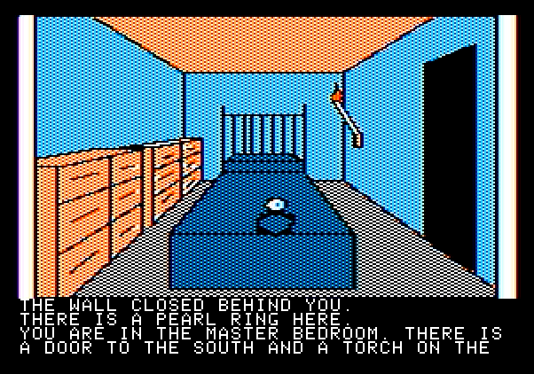 Hi-Res Adventure #3: Cranston Manor Apple II Screenshot: A pearl ring is in the bedroom.
