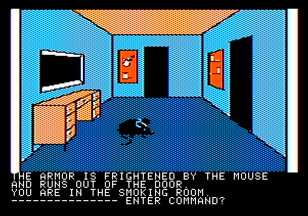 Hi-Res Adventure #3: Cranston Manor Apple II Screenshot: Putting the mouse down frightens the armor.