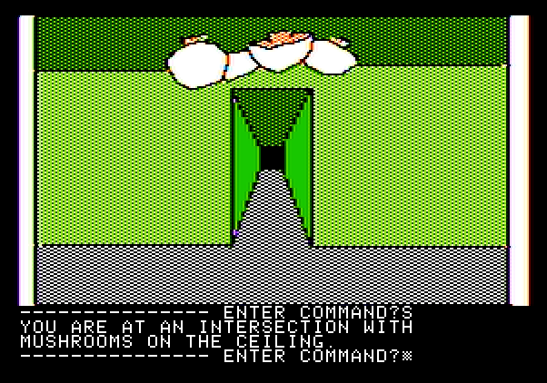 Hi-Res Adventure #3: Cranston Manor Apple II Screenshot: An intersection with mushrooms on the ceiling...